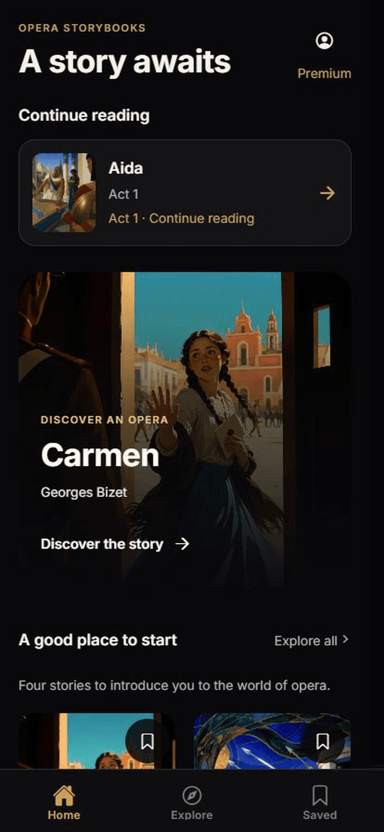 Opera Storybooks home screen featuring Carmen