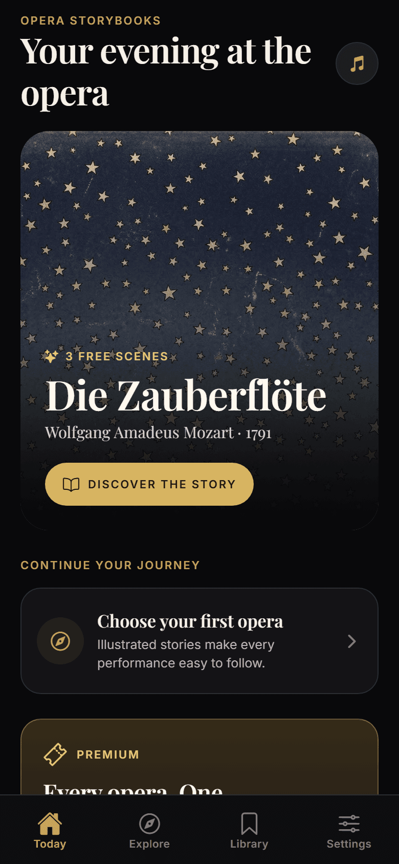 Opera Storybooks home screen featuring The Magic Flute
